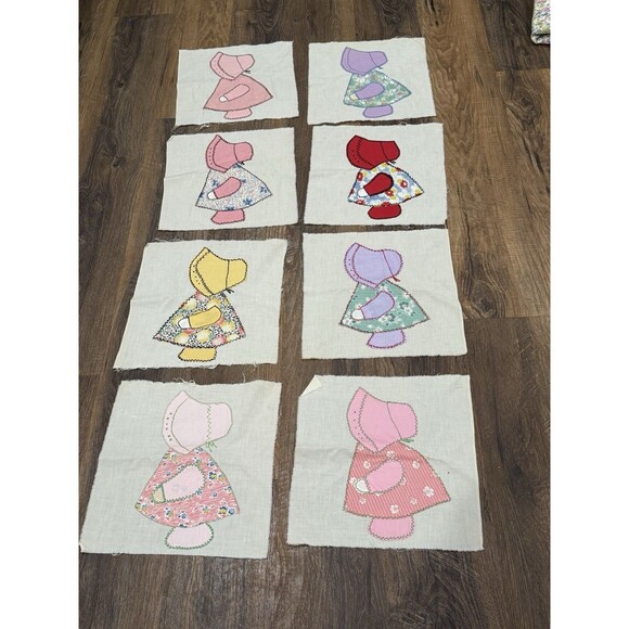 vintage handmade quilt block sunbonnet sue dutch girl square cotton set 8 - Picture 1 of 3